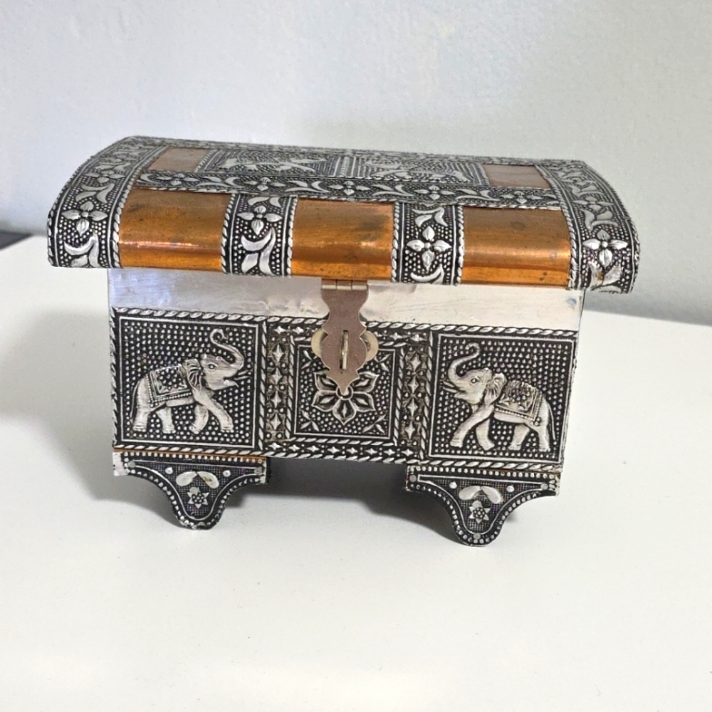 Antique Vintage Indian Elephant & Floral Ornate Metal  Handmade Jewerly Box